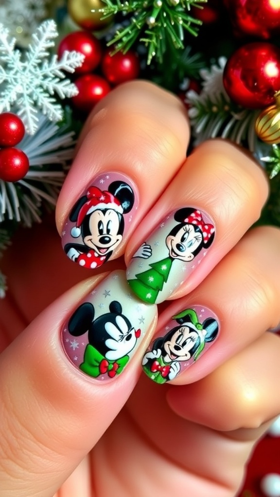 Short nails with Disney Christmas nail art, featuring characters and festive designs.